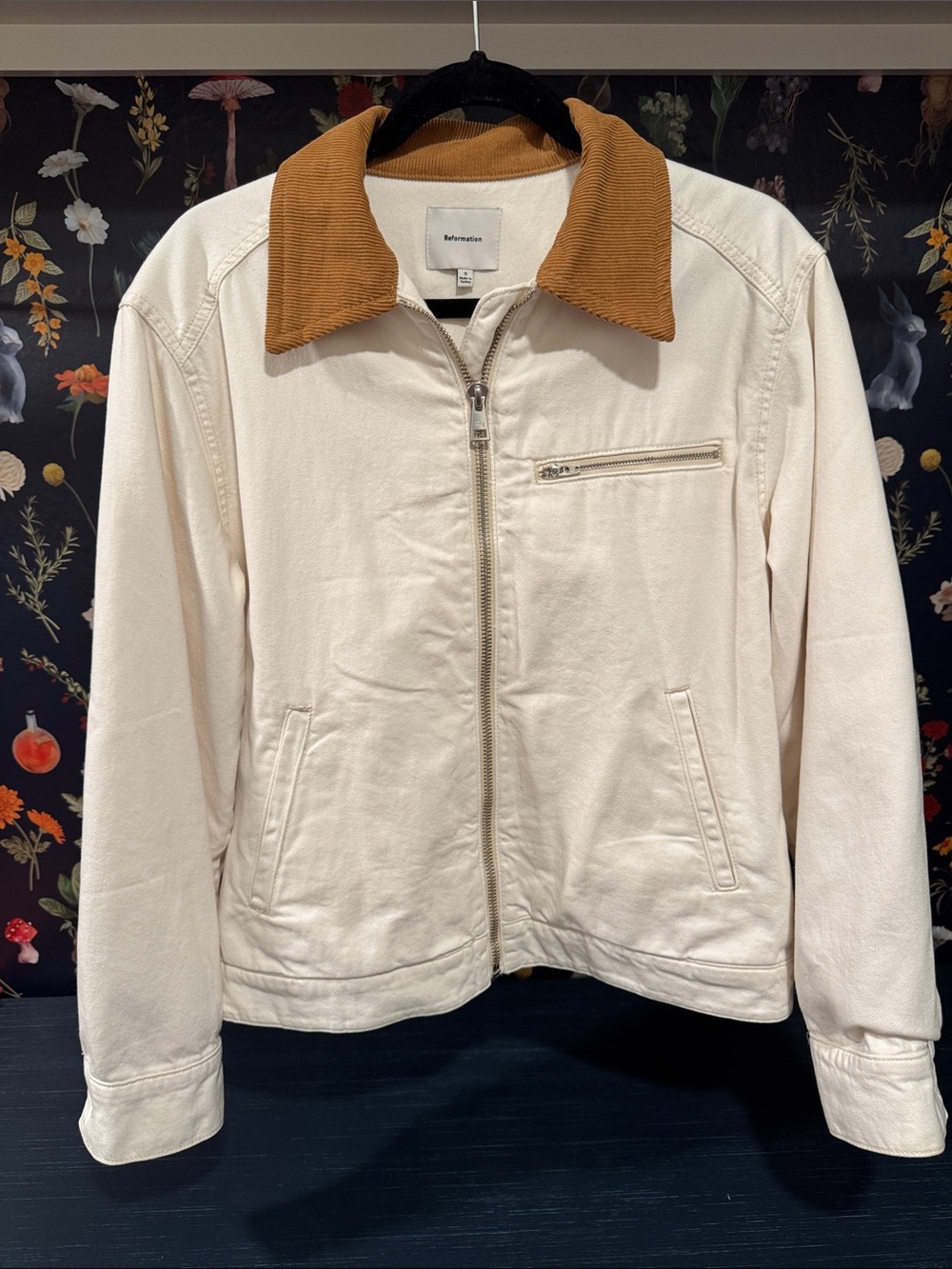 Reformation Cream Utility Jacket with Tan Corduroy Collar